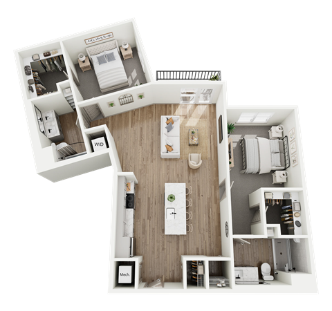 Floor plan for 2 beds, 2 baths